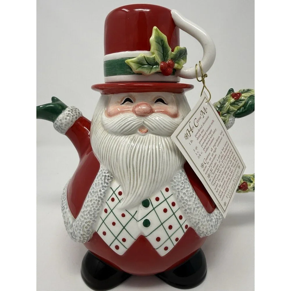 Fitz and Floyd Snack Therapy Santa Cocoa Pot, Ceramic Holly, Boxed